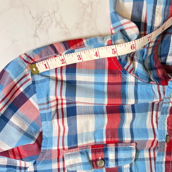 Levis Modern Fit Hooded Button Up L/S Shirt Mens Medium Red White Blue Plaid - Picture 14 of 16